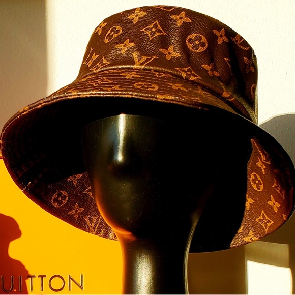 Louis Vuitton LV Monogram Bucket Hat Calf Skin Leather Brown Tan Jacquard - Picture 6 of 10